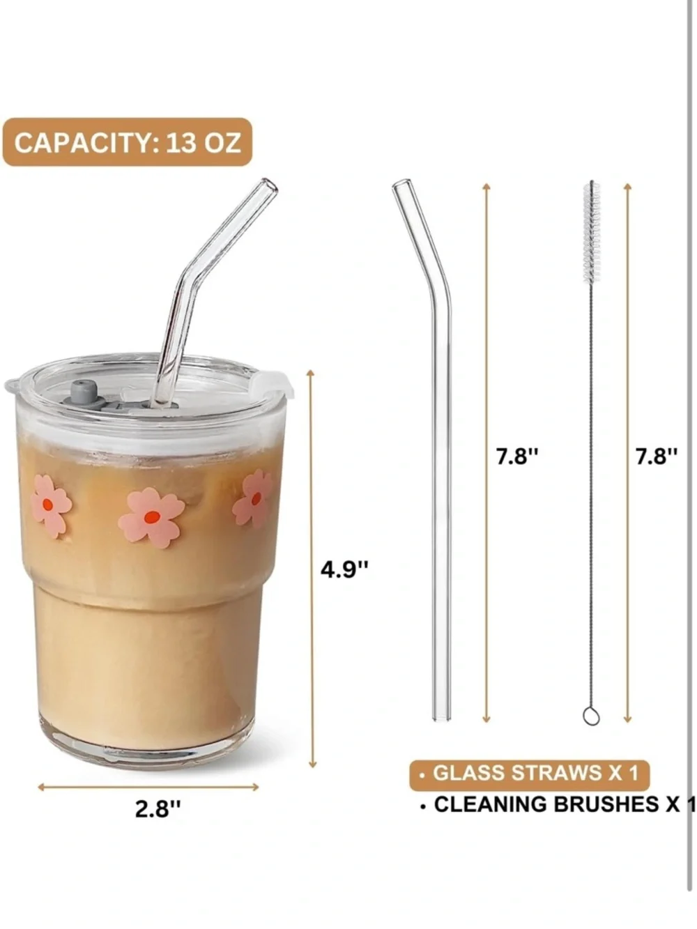 13oz Reusable Glass Tumbler with Pink Flower Accents and Lid